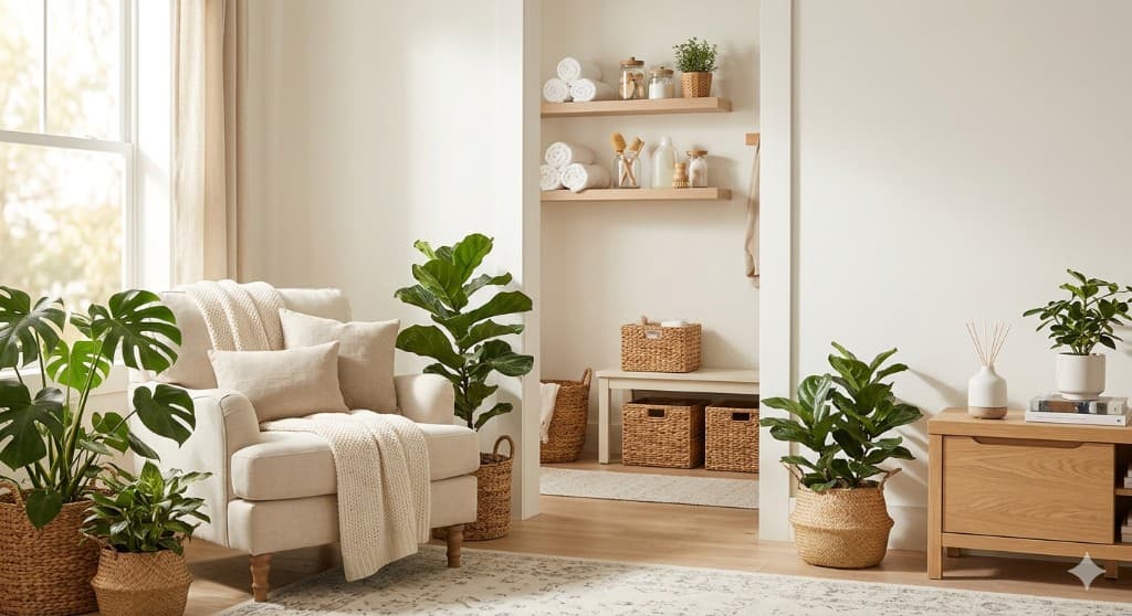 Cozy living room with plants and natural decor